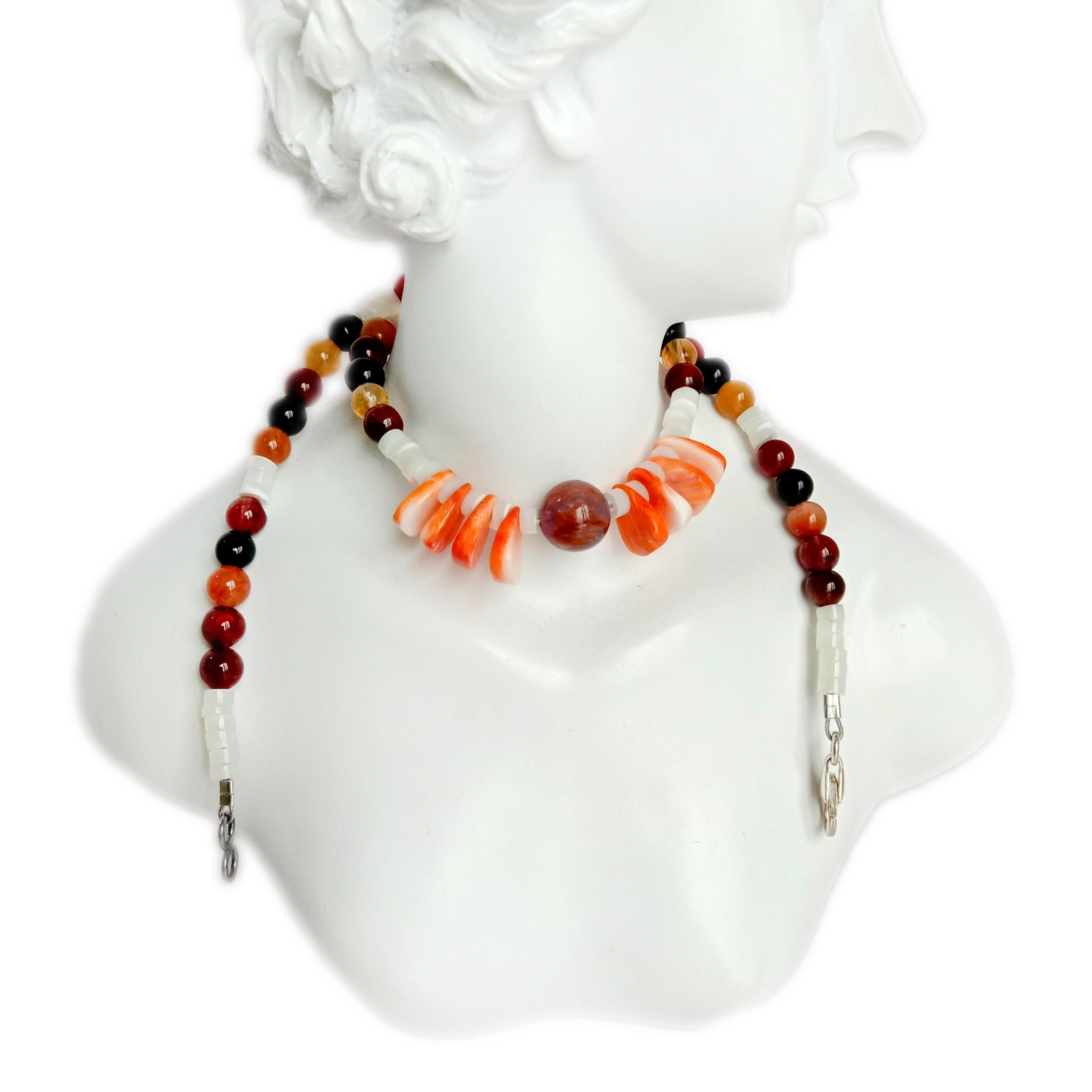 Ihe olu olu Gemstone ekepụtara puru iche nwere Mop Heishi Spiny Oyster Red quartzite na mara mma quartz beads rutilated. 1