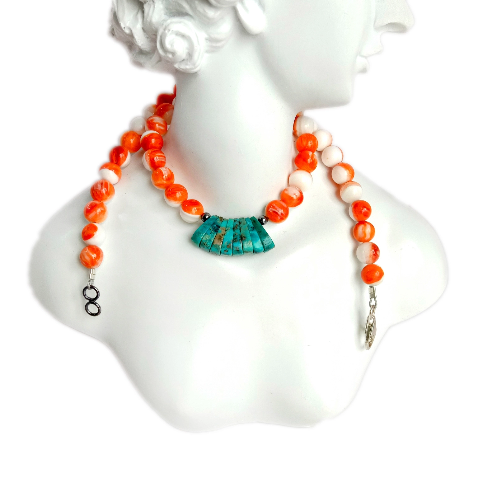 Mixed Colour Plhaub-Shaped Turquoise Necklace nrog Ntuj Spiny Oyster Round hlaws hauv 16 Nti Ntuj Gemstone Necklace 1