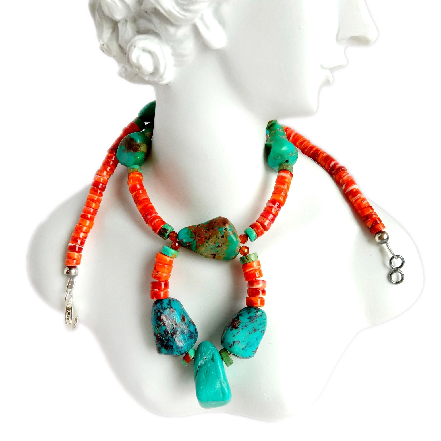 Natural Turquoise spiny oyster Gemstone 925 Sterling Silver 16 inch Strand Beads ọla aka nka olu olu. 1