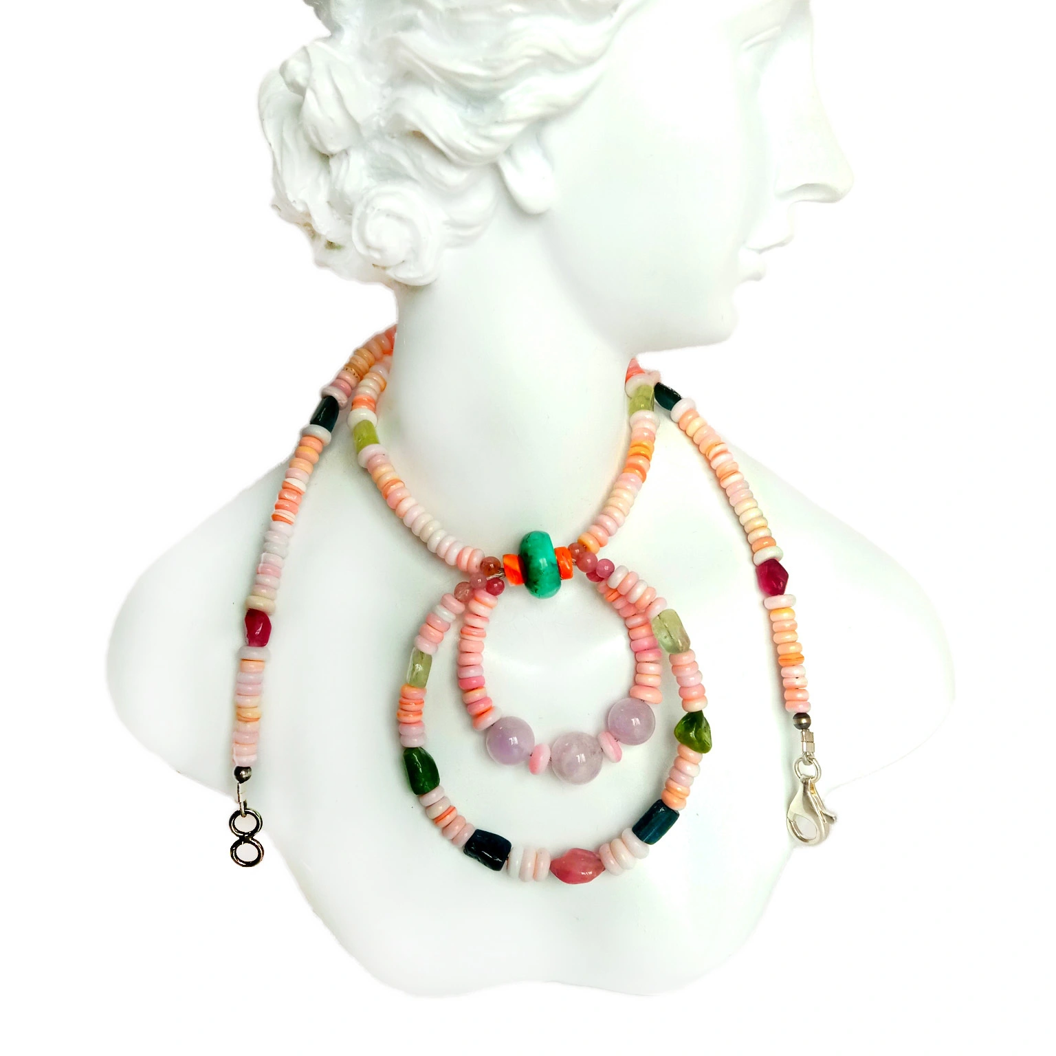Ntuj liab hiav txwv shelly Tourmaline Turquoise spiny oyster Spodumene Kunzite 925 Sterling Nyiaj Turquoise 16 Necklace 1