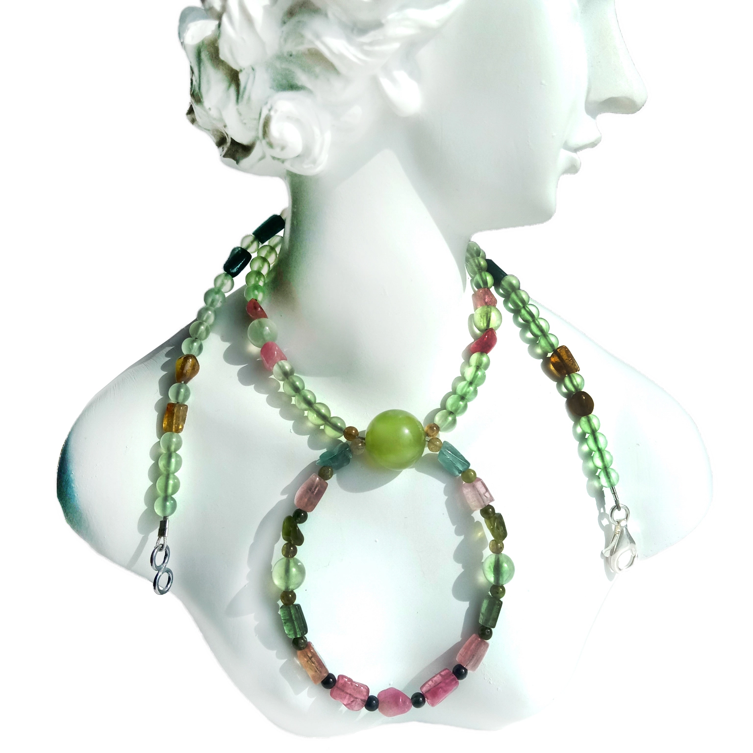 Natural Tourmaline na Prehnite 925 Sterling Silver Gemstone bead necklace 16 eriri dabara adaba na olu olu. 1
