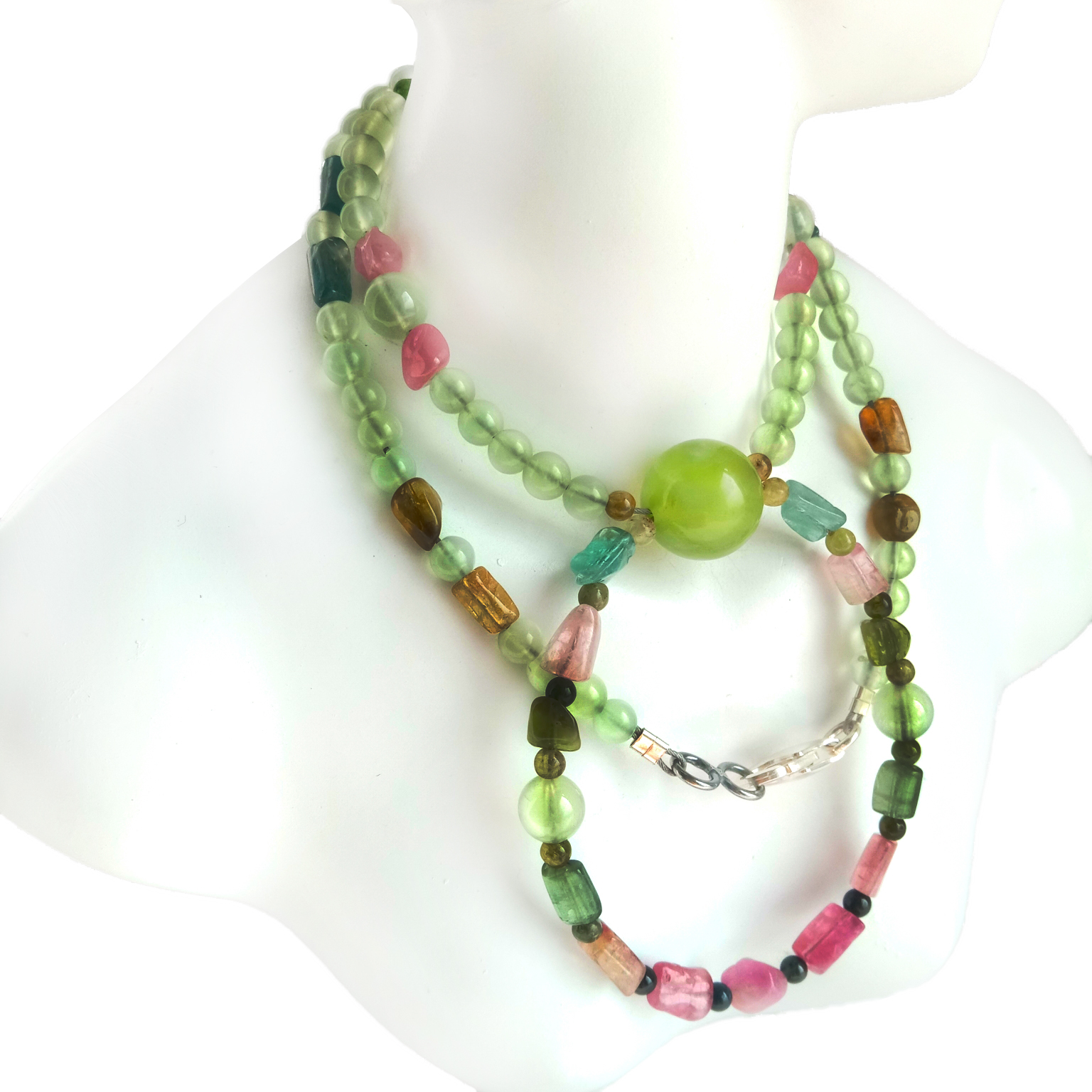 നാച്ചുറൽ ടൂർമാലിനും പ്രെഹ്നൈറ്റ് 925 സ്റ്റെർലിംഗ് സിൽവർ ജെംസ്റ്റോൺ ബീഡ് നെക്ലേസും 16 സ്ട്രാൻഡ് നെക്ലേസിന് അനുയോജ്യമാണ് 14