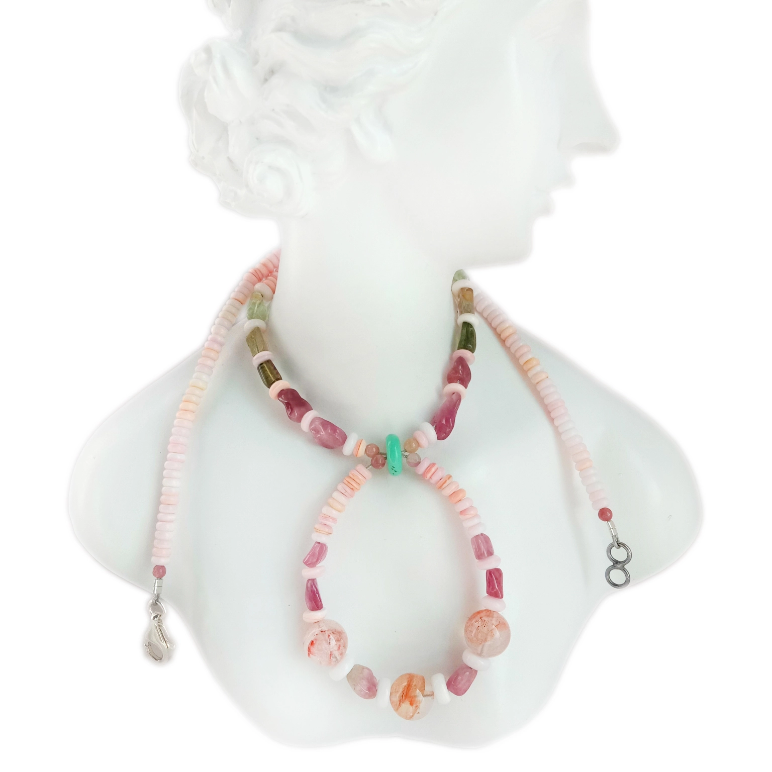 សែលពណ៌ផ្កាឈូកធម្មជាតិ Tourmaline Turquoise ក្រហម quartz 925 Sterling Silver turquoise necklaces អាពាហ៍ពិពាហ៍ 1