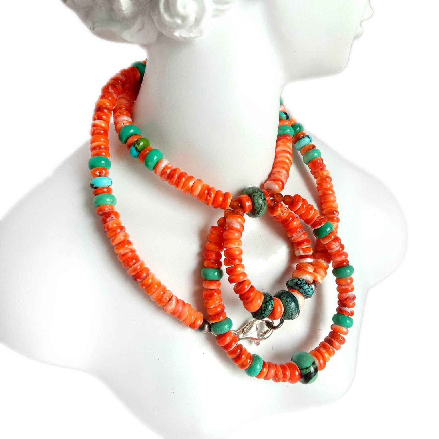 Oisrí spíonacha Turquoise Nádúrtha Mandairínis Garnet 925 Sterling Silver muince coirníní turquoise bainise 14