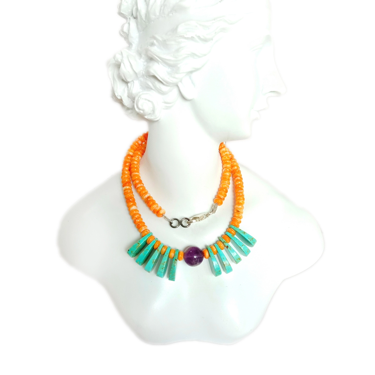 អយស្ទ័រធម្មជាតិ Turquoise spiny oyster Ametrine 925 Sterling Silver ត្បូងធ្វើដោយដៃ ថ្ម ខ្សែក គ្រឿងអលង្ការពិតប្រាកដ 1