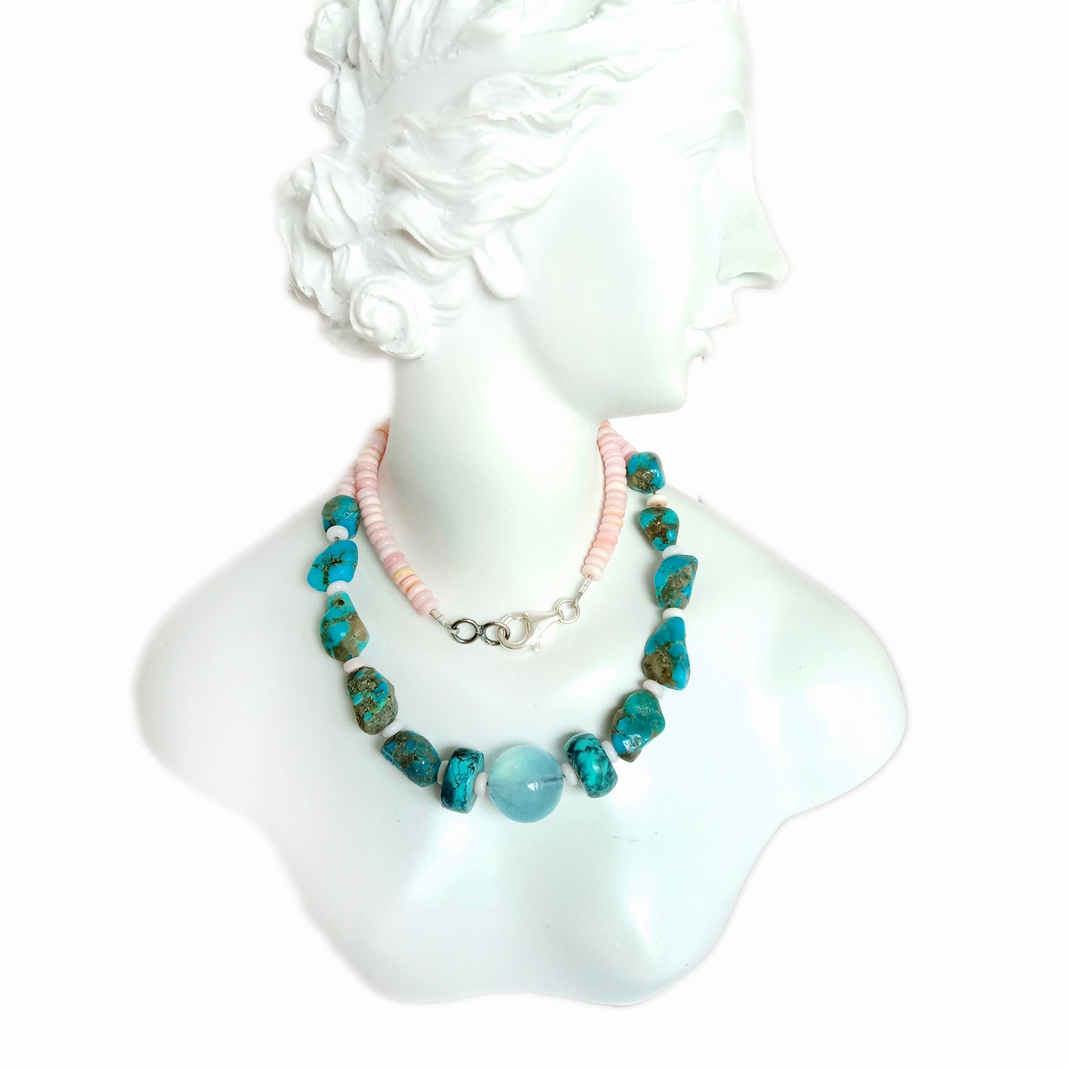 Естествена тюркоазена розова мида Milky Bule Aquamarine 925 Sterling Silver Ръчно изработени скъпоценни камъни Колие 1