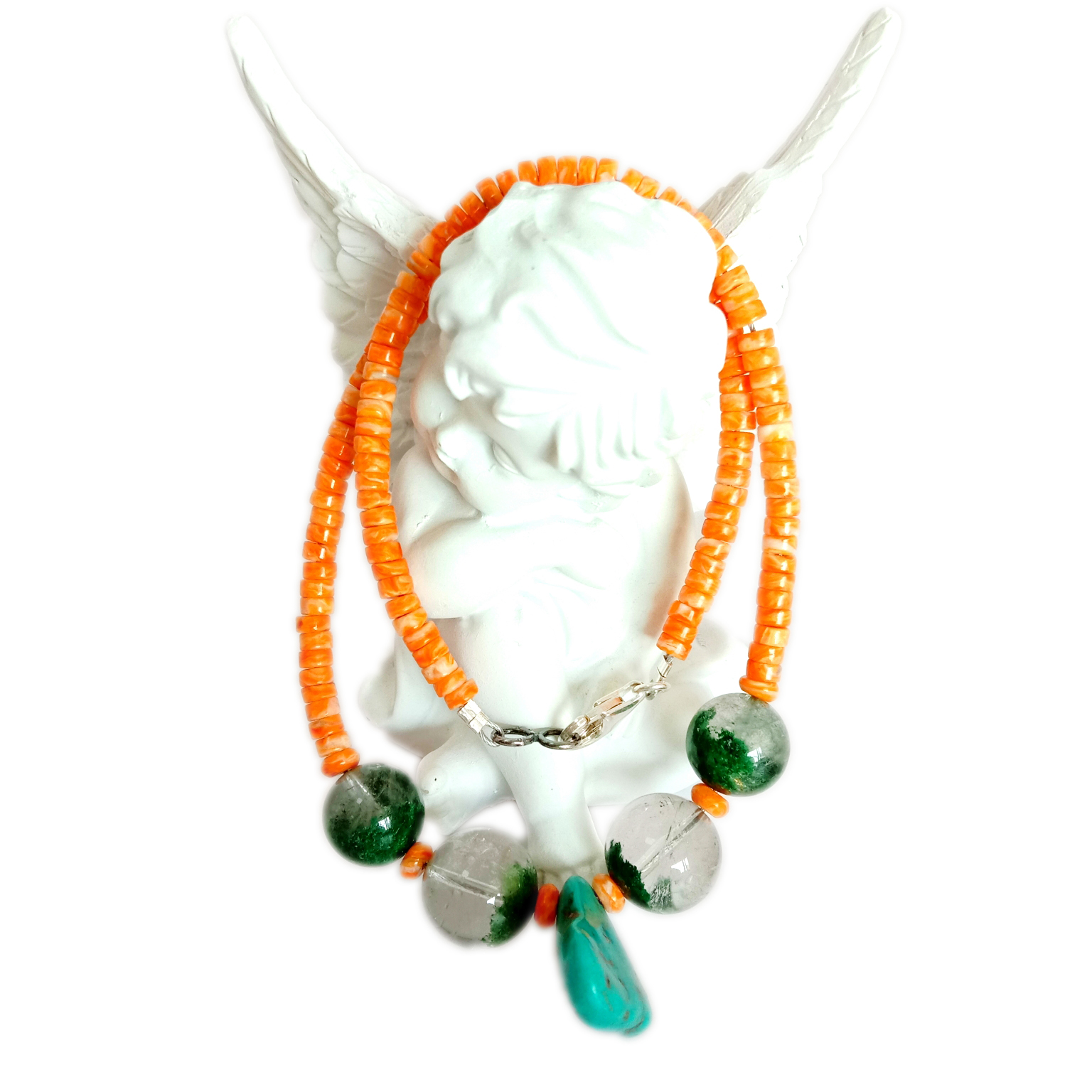 Natuurlike Turkoois stekelrige oester Ghost fantoomkwarts 925 Sterling Silwer handgemaakte edelsteen Stones Ketting 14