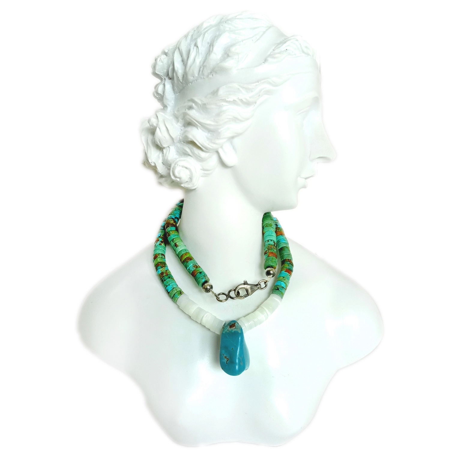 Ntuj Turquoise thiab mop 925 Sterling Silver xuas tes ua gemstone Pob zeb Necklace 1