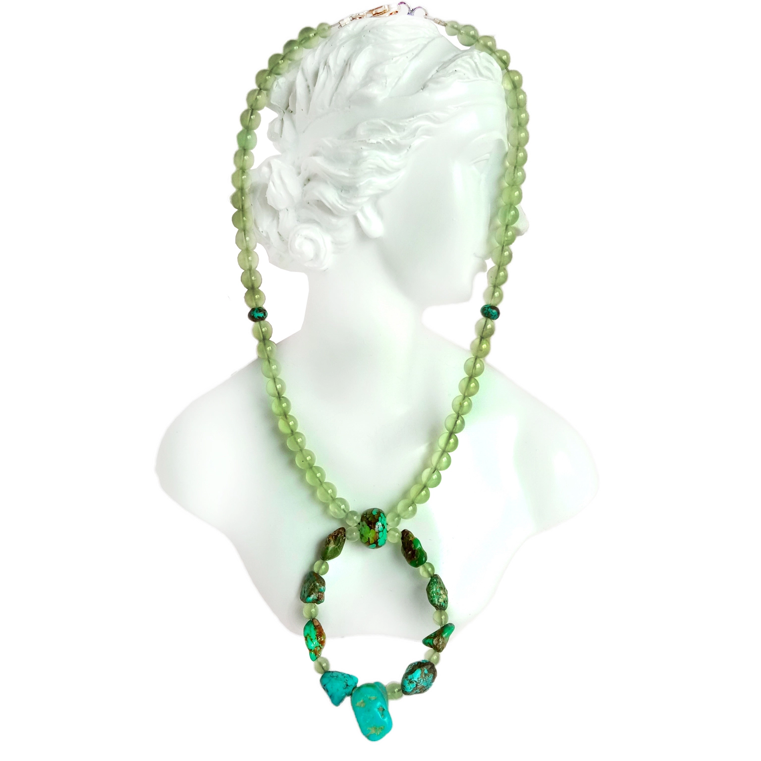 เทอร์ควอยซ์ธรรมชาติและสีเขียว Prehnite 925 เงินสเตอร์ลิงพลอยลูกปัดสร้อยคอทำมือ 1