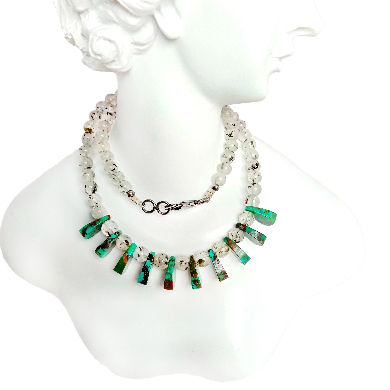 Natuurlike turkoois en swart rutilated kwarts 925 sterling silwer edelsteen krale handgemaakte ketting 1