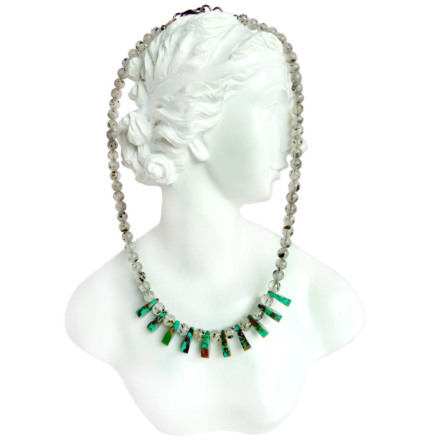 Ntuj Turquoise thiab Dub Rutilated Quartz 925 Sterling Silver Gemstone Beads xuas tes ua Necklace 14