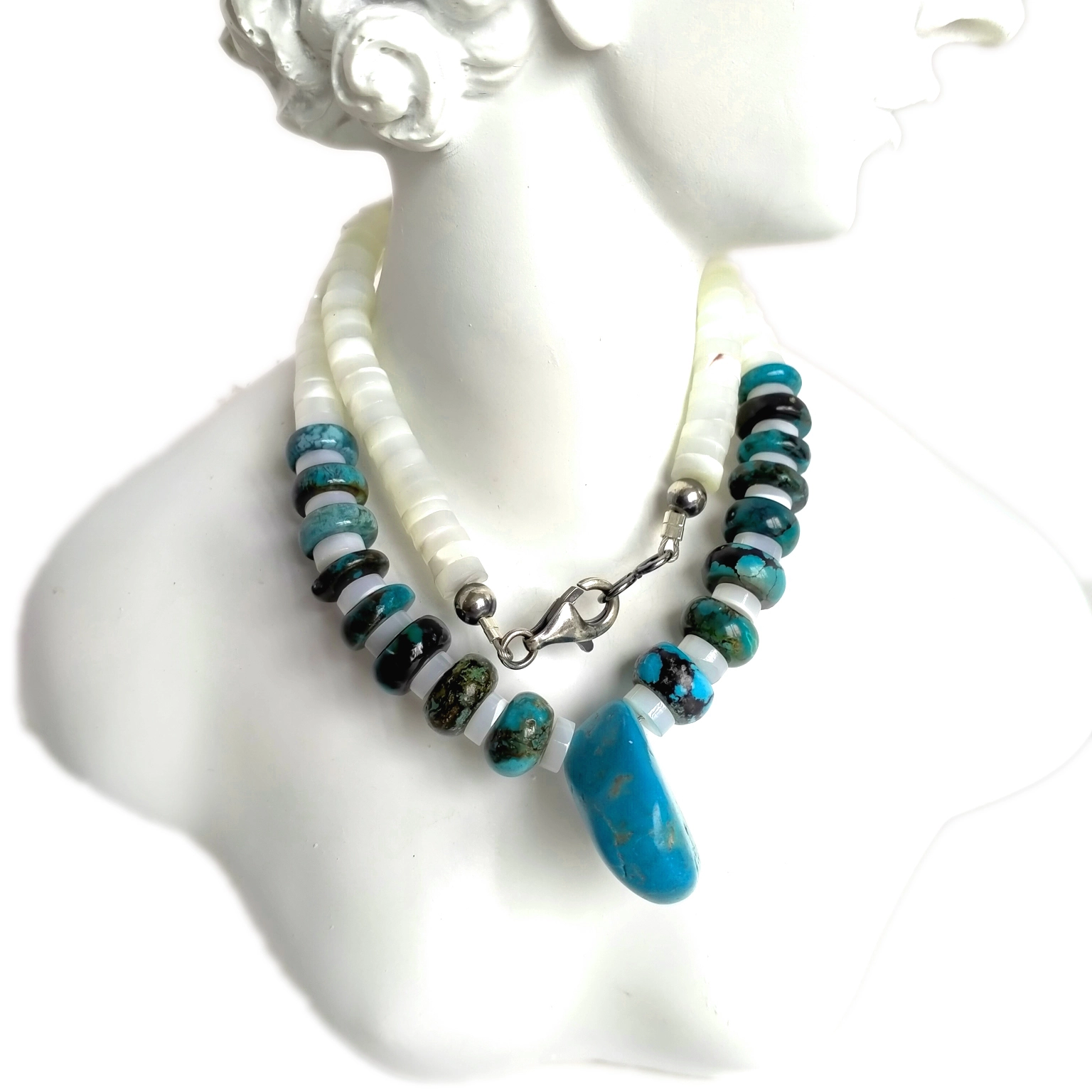 Ntuj Turquoise thiab mop 925 Sterling Silver Gemstone Beads xuas tes ua Necklace 1