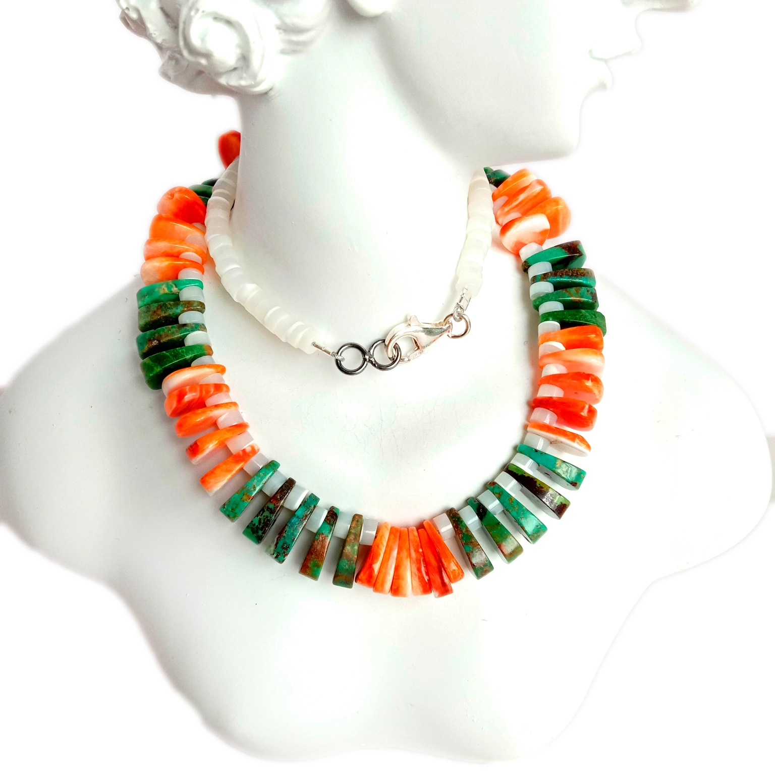 Natuurlike turkoois mop stekelrige oester 925 sterling silwer edelsteen klip krale halssnoer 1