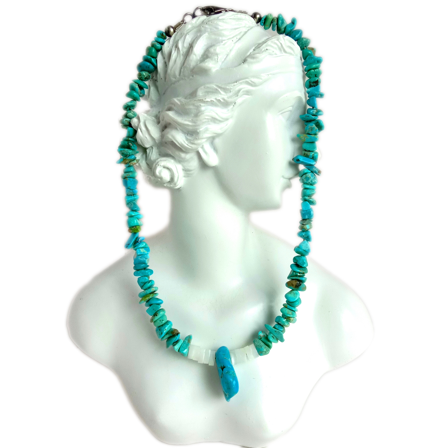 Natuurlike turkoois en mop 925 sterling silwer edelsteen klip krale halssnoer 15