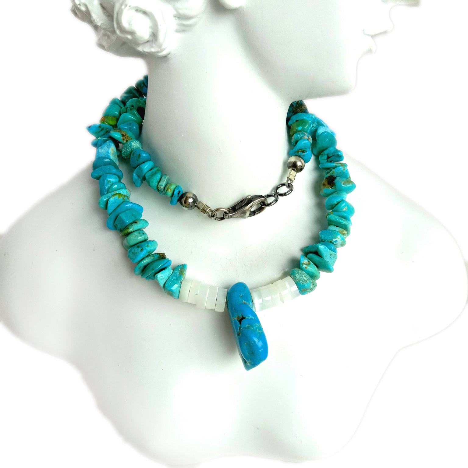 Natural Turquoise and mop 925 Sterling Silver Gemstone Shanga za Jiwe la Shanga 1