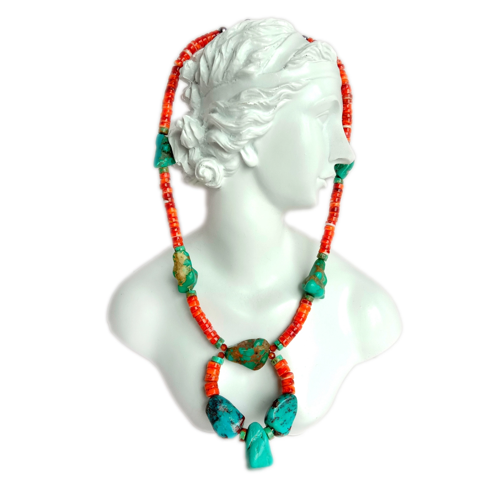 ធម្មជាតិ HuBei Turquoise and spiny oyster 925 Sterling Gemstone Round beads ខ្សែកធ្វើដោយដៃ 1