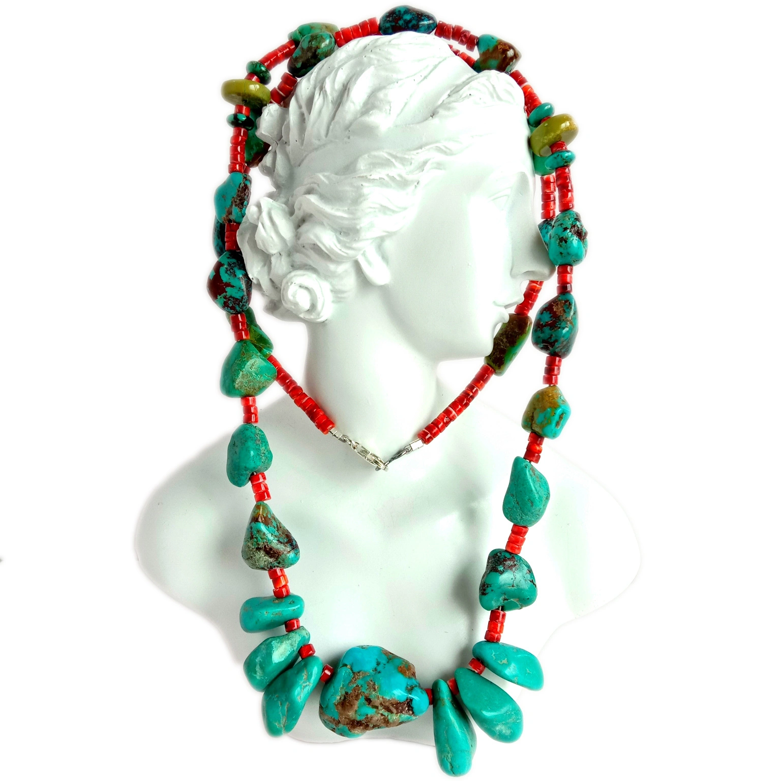 Ntuj Turquoise thiab spiny oyster 925 Sterling Silver Gemstone Necklace Turquoise Pob zeb nrog thiab spiny oyster hlaws 1