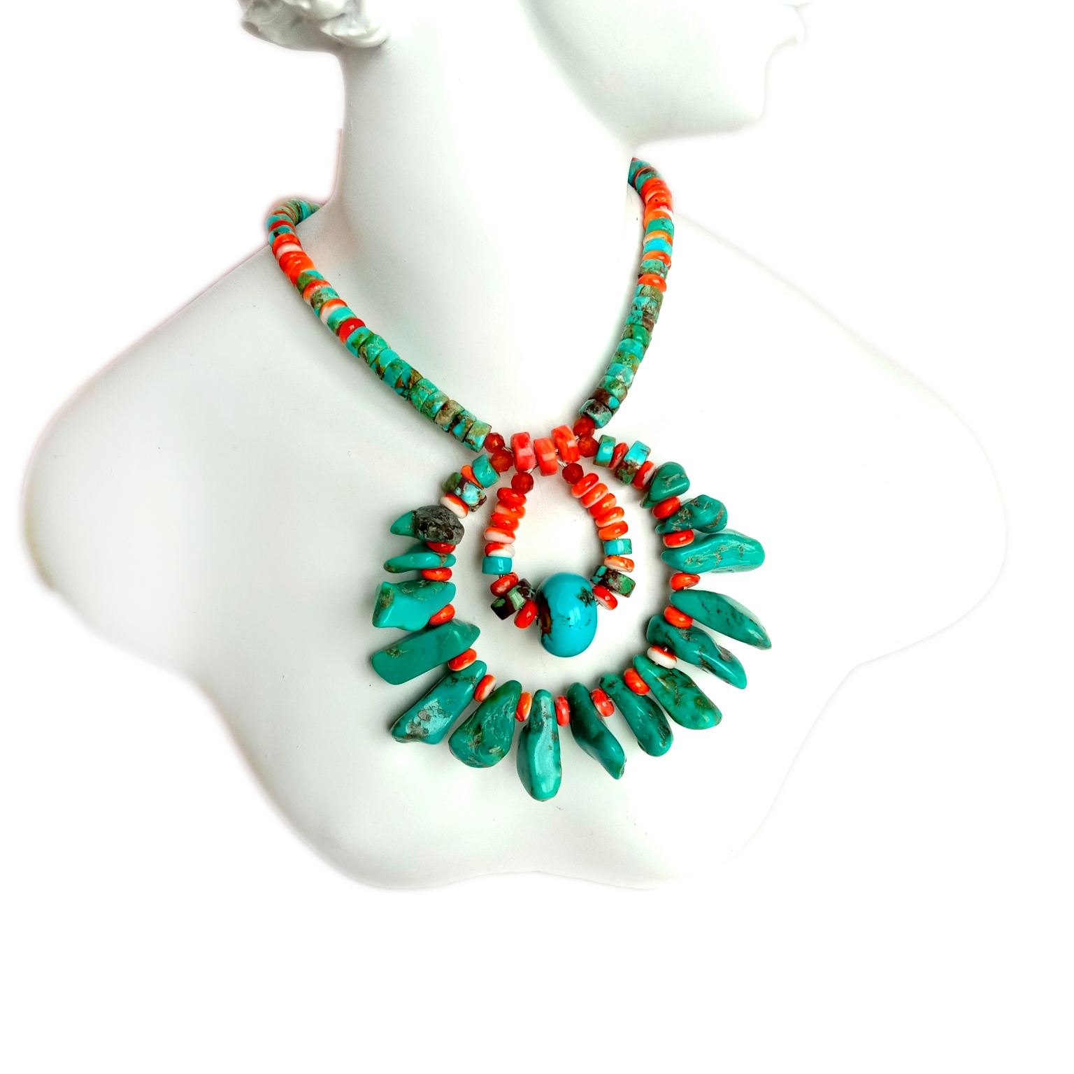 נאַטירלעך טערקווויז און ספּייני ויסטער 925 סטערלינג זילבער כאַנמייד געמסטאָנע קרעל האַלדזבאַנד טערקווויז ילאָנגגייטאַד שטיין 15