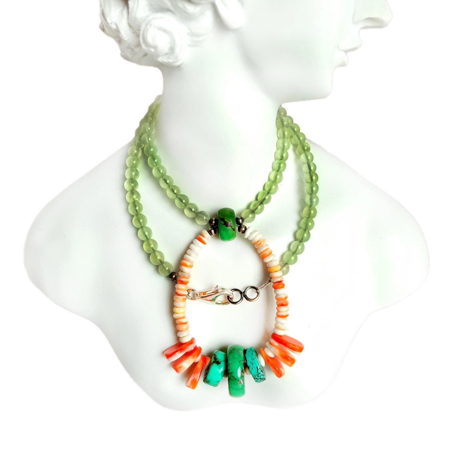 ត្បូងមរកតធម្មជាតិ Turquoise spiny oyster Prehnite 925 Sterling Silver ធ្វើដោយដៃ ត្បូងទទឹម អង្កាំរលោង ខ្សែក 1