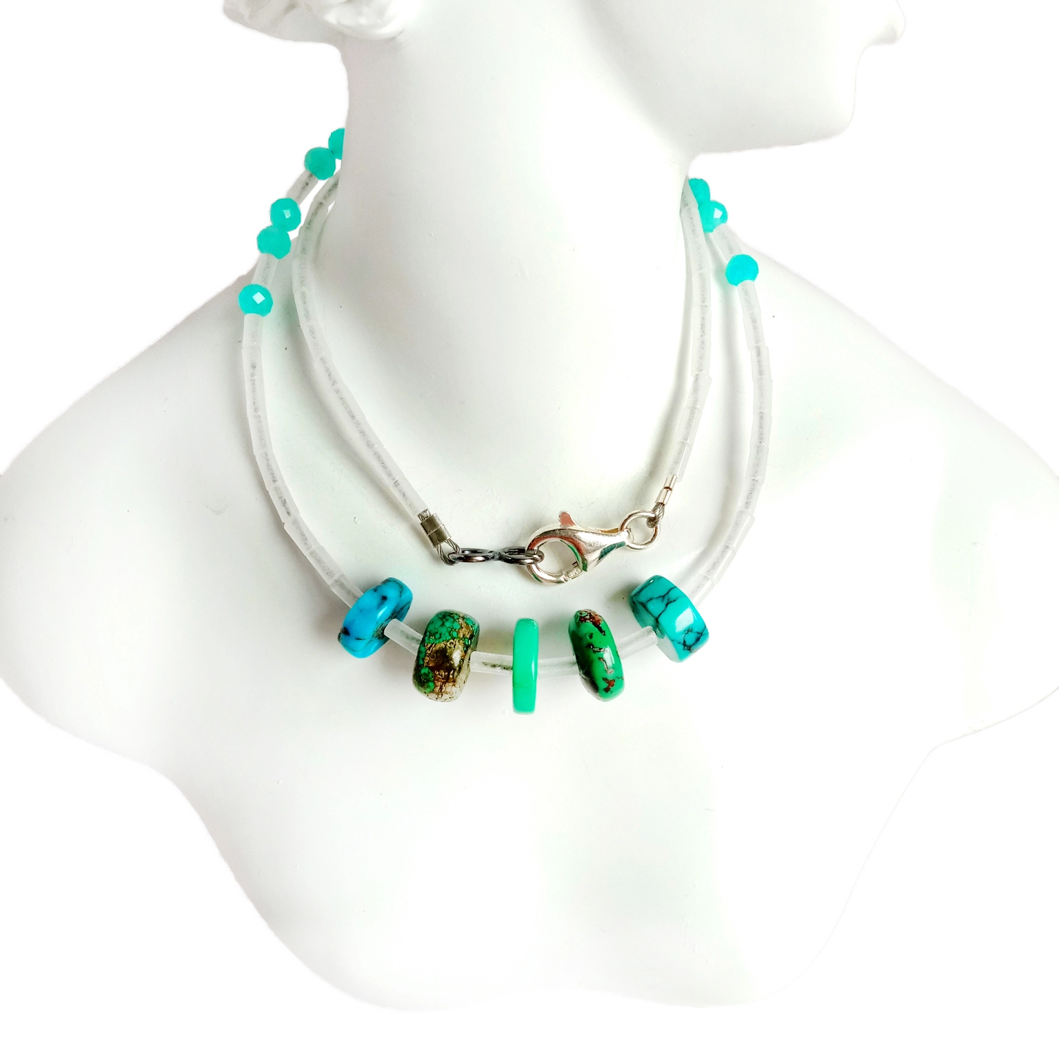 ត្បូងទទឹមធម្មជាតិ Amazonite 925 Sterling Silver ខ្សែកត្បូងពេជ្រធ្វើដោយដៃ 1