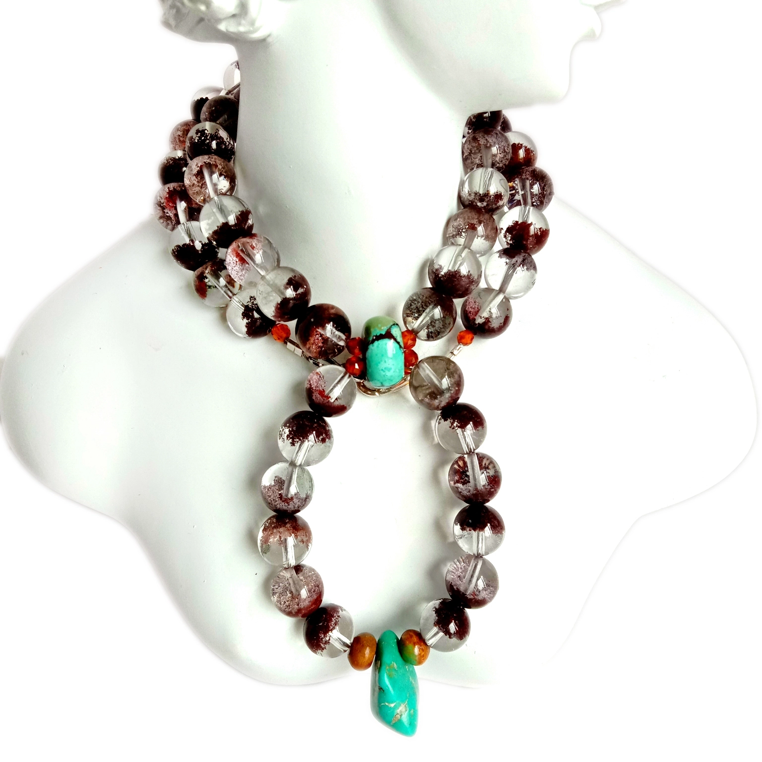 Natural Ghost phantom quartz Turquoise Orange mandarin Garnet 925 Sterling Silver Gemstone 16 inch Necklace 1