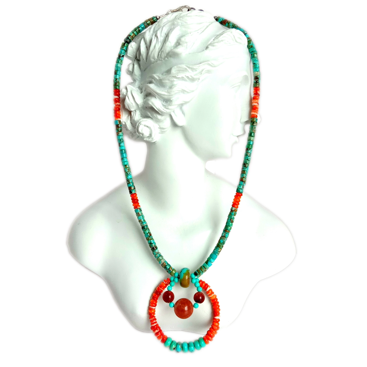 អយស្ទ័រធម្មជាតិ Turquoise spiny oyster ចម្រុះពណ៌ Rutilated Quartz 925 Sterling Silver ធ្វើដោយដៃ ត្បូង 16 អ៊ីញ ខ្សែកវែង 1