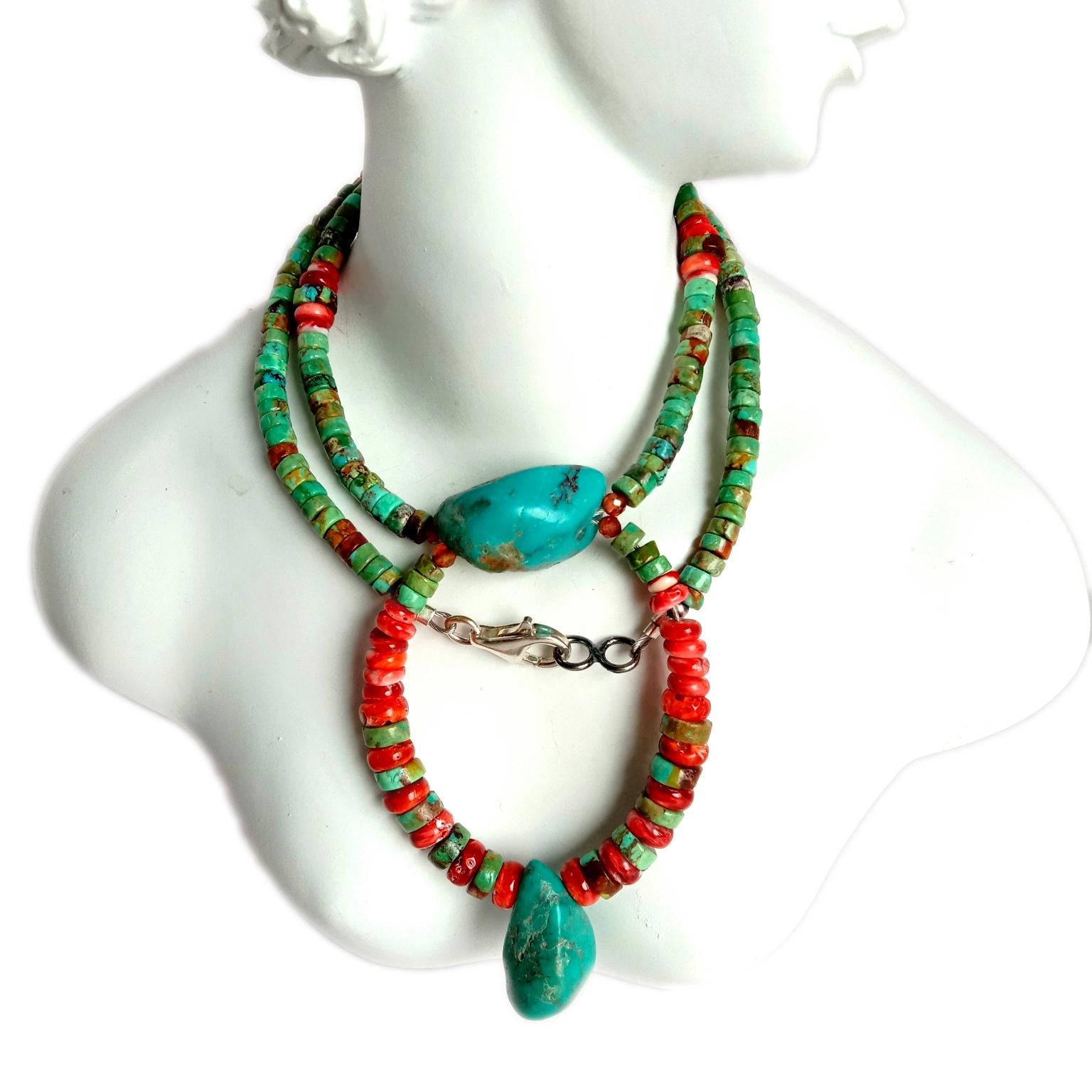 ត្បូងមរកតពណ៌ខៀវធម្មជាតិ 925 Sterling Silver ធ្វើដោយដៃ ខ្សែក 16 អ៊ីញ 1