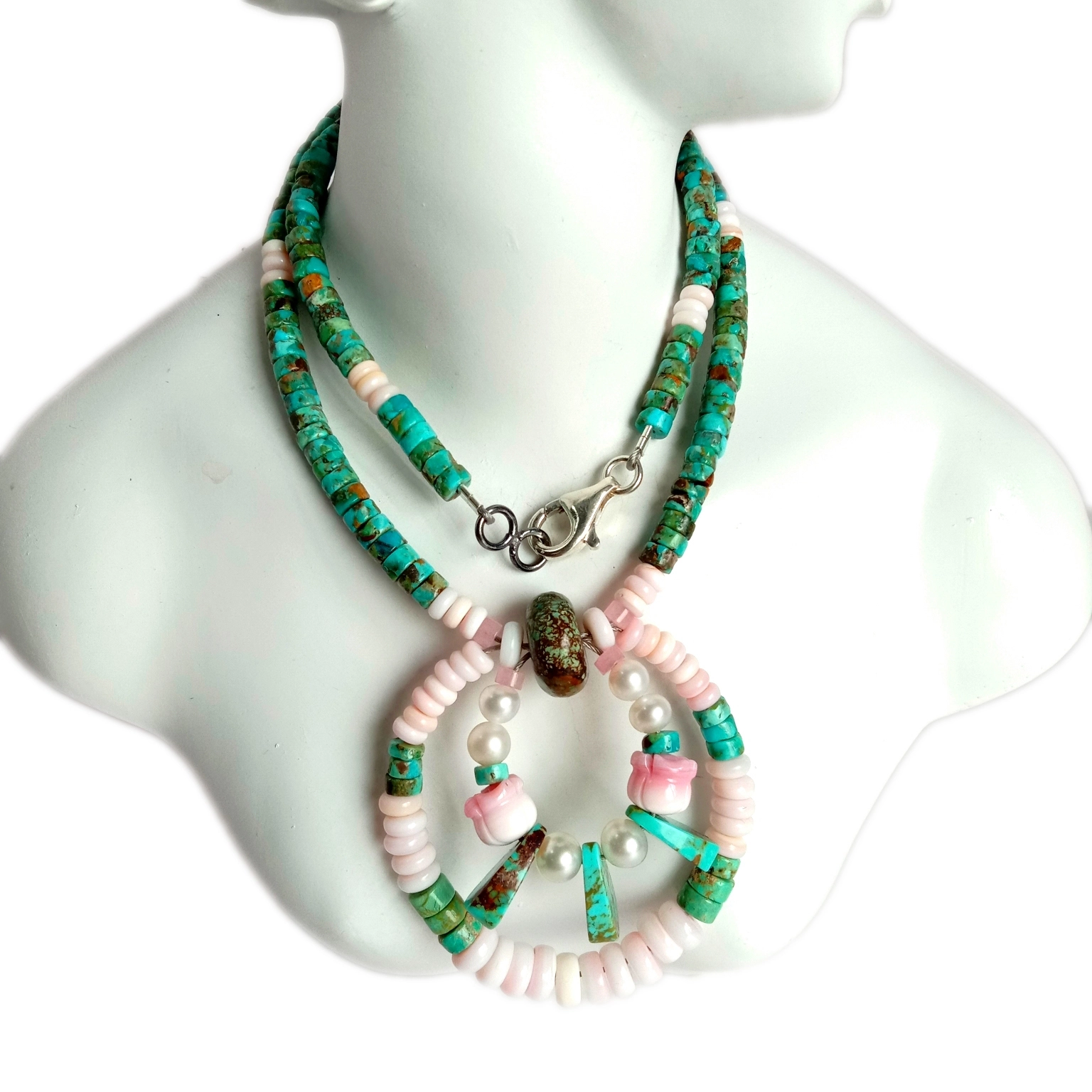 ធម្មជាតិ ពណ៌ផ្កាឈូក Turquoise មើលសំបក និងគុជខ្យងពណ៌ស 925 Sterling Silver ធ្វើដោយដៃ ខ្សែកត្បូងពេជ្រ 1