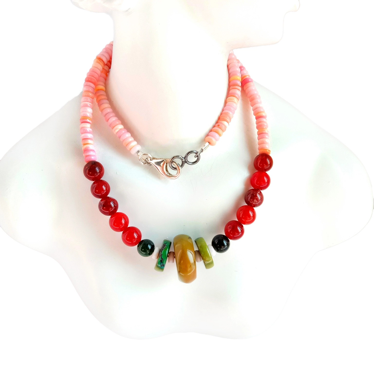Turquoise pink na-ahụ shei mara mma rutilated quartz 925 Sterling Silver Beads ejiri aka mee Gemstone Necklace 1