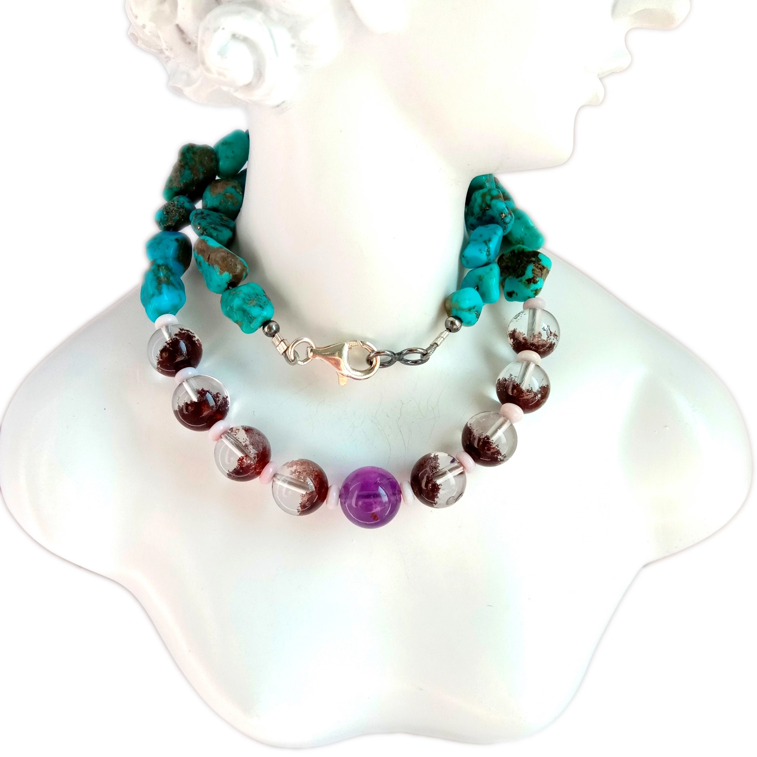 Ntuj Turquoise Dab phantom quartz Amethyst 925 Sterling Silver Beads xuas tes ua Gemstone Necklace 1