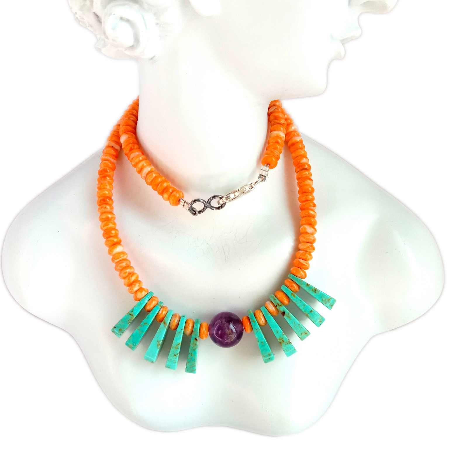 អយស្ទ័រធម្មជាតិ Turquoise spiny oyster Ametrine 925 Sterling Silver Beads ខ្សែកត្បូងពេជ្រ 1
