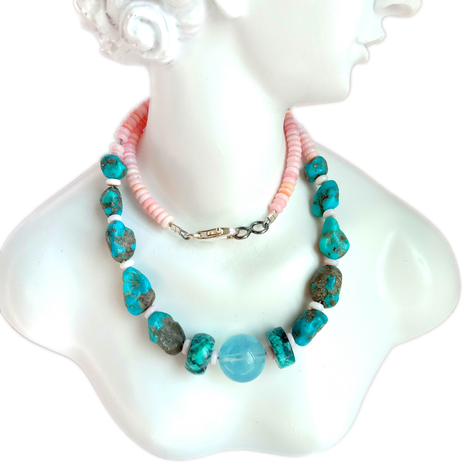 ពណ៌ផ្កាឈូកធម្មជាតិ Turquoise មើលឃើញសែល Milky Bule Aquamarine 925 Sterling Silver Beads ខ្សែកត្បូងពេជ្រ 14