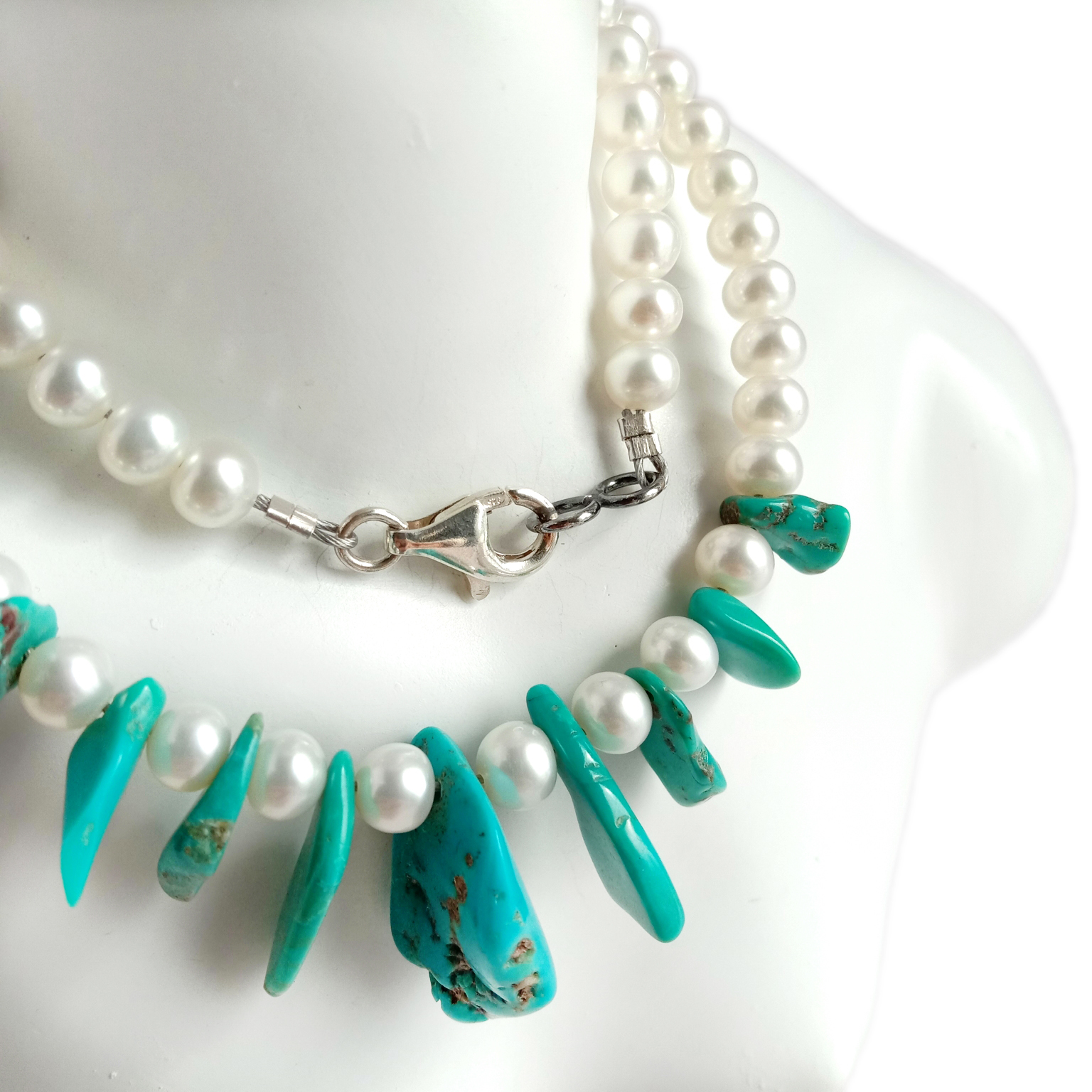 Natuurlike turkoois pêrel 925 sterling silwer natuurlike ronde krale 16 duim ketting 15