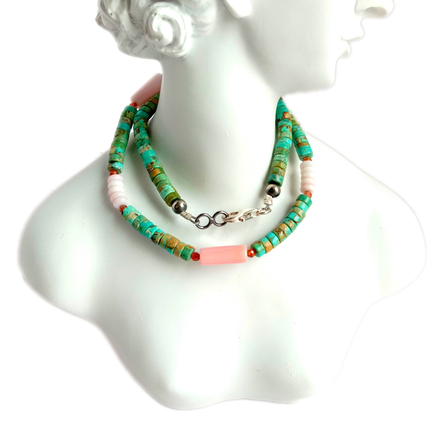 Ntuj Turquoise liab pom plhaub Txiv kab ntxwv mandarin Garnet 925 Sterling nyiaj 16 nti Necklace 1