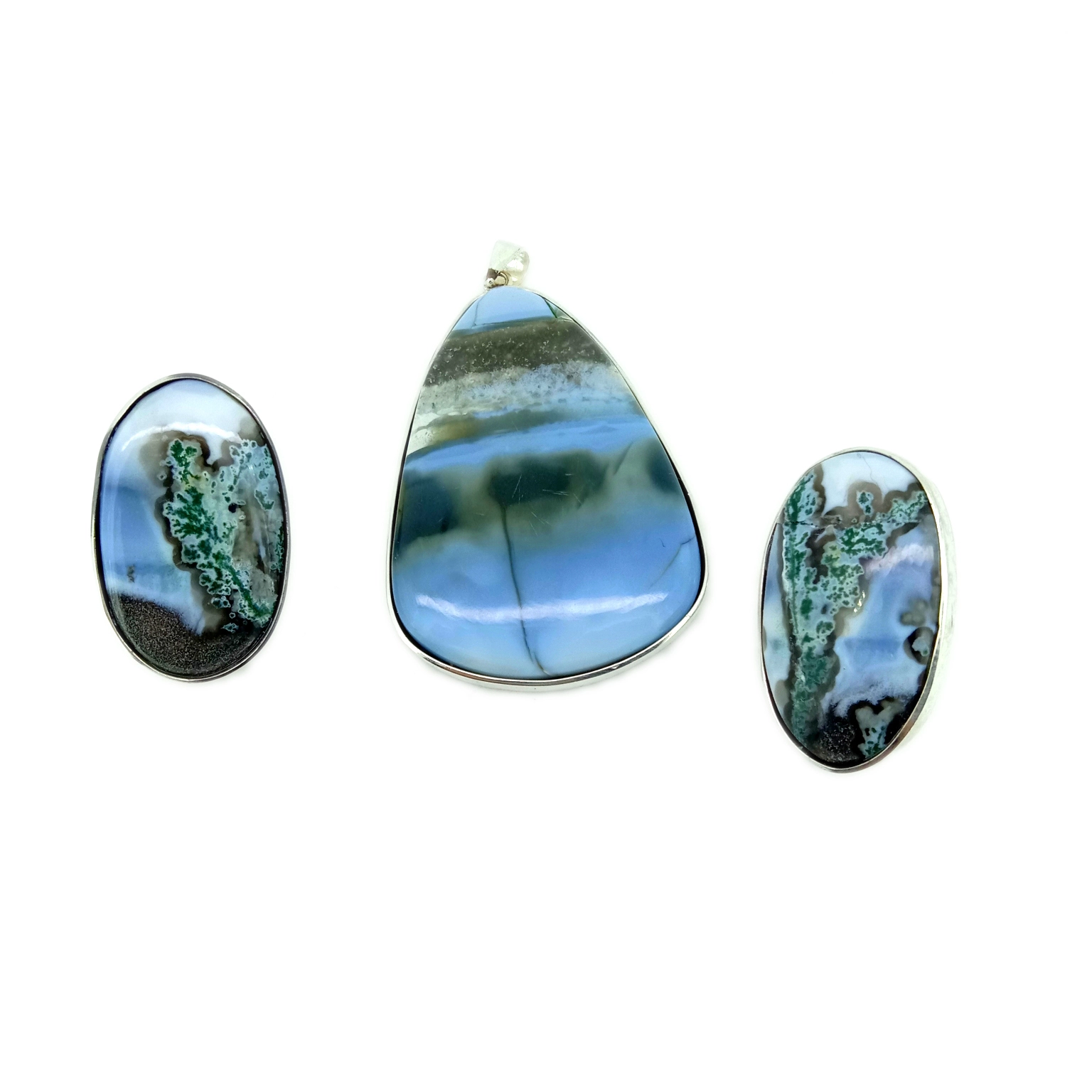 Agate 925 Sterling Silver Earrings thiab Pendant Nyiaj qhwv Moss Agate Gemstone Ntxiv-A-Charm 1