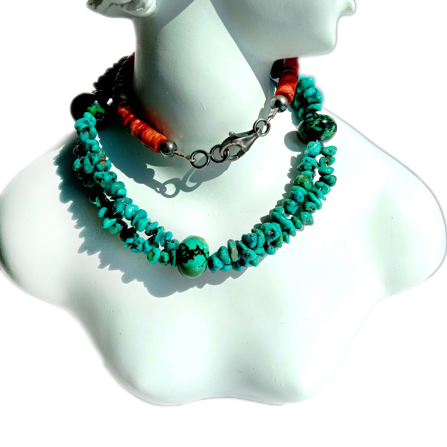 ខ្សែក 925 Sterling Silver Necklace ធម្មជាតិ Turquoise spiny oyster bead គុណភាពខ្ពស់ គុណភាពខ្ពស់ 1