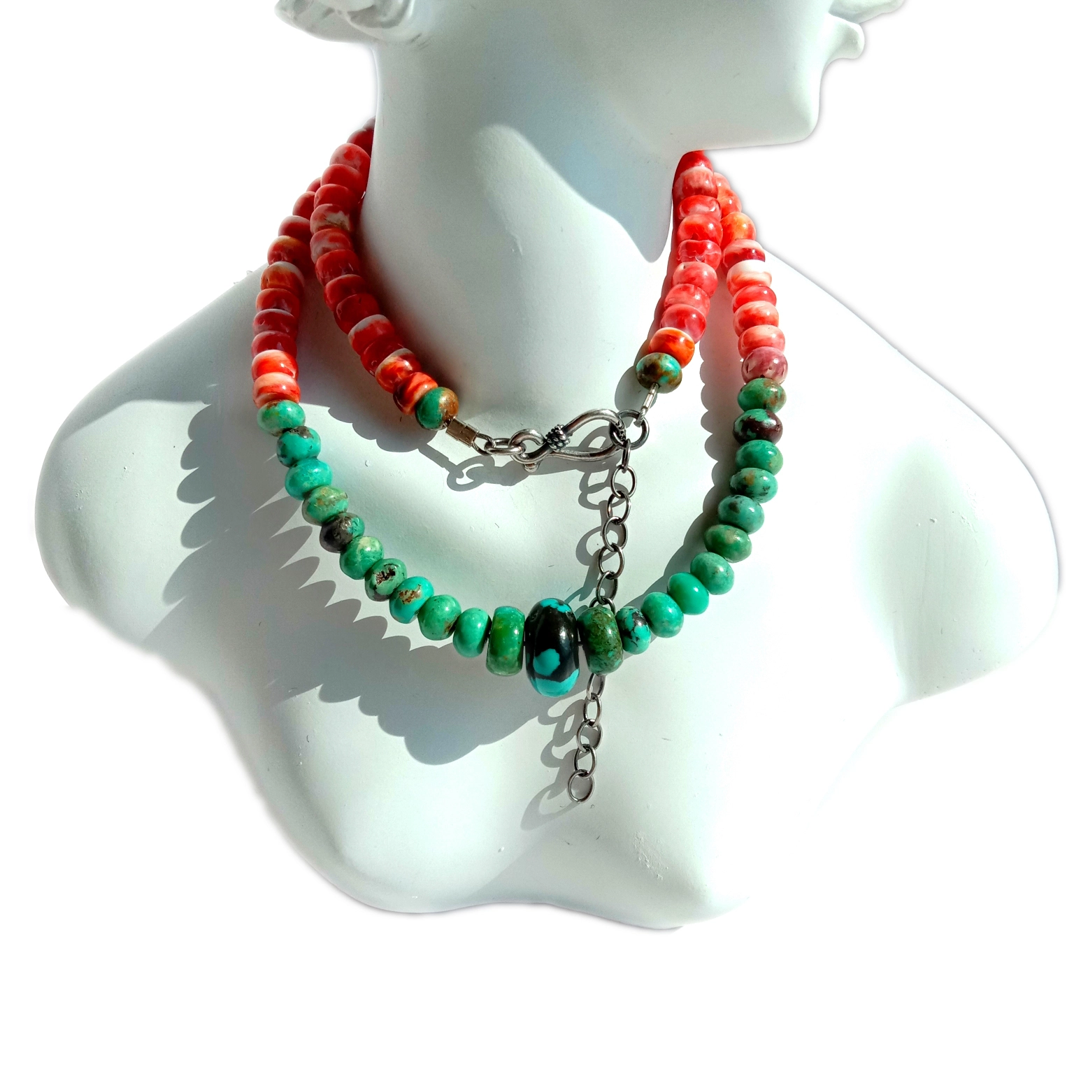 Natuurlike turkoois stekelrige oester 925 sterling silwer dop kraal Roundell vorm ketting 1