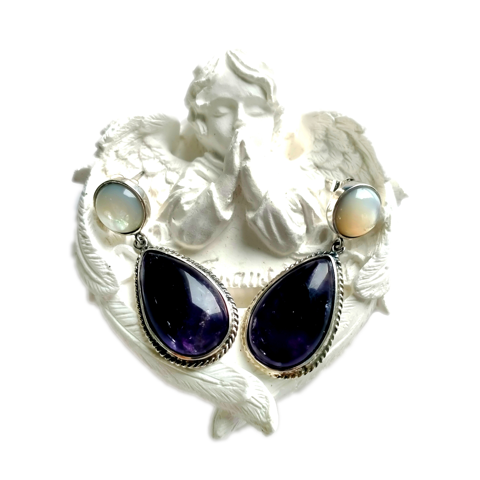 925 اسٽرلنگ سلور Amethyst ڪنن واري موتي جو جوڙو ڳوڙها Cabochon Cab Pair Matched Earrings 14
