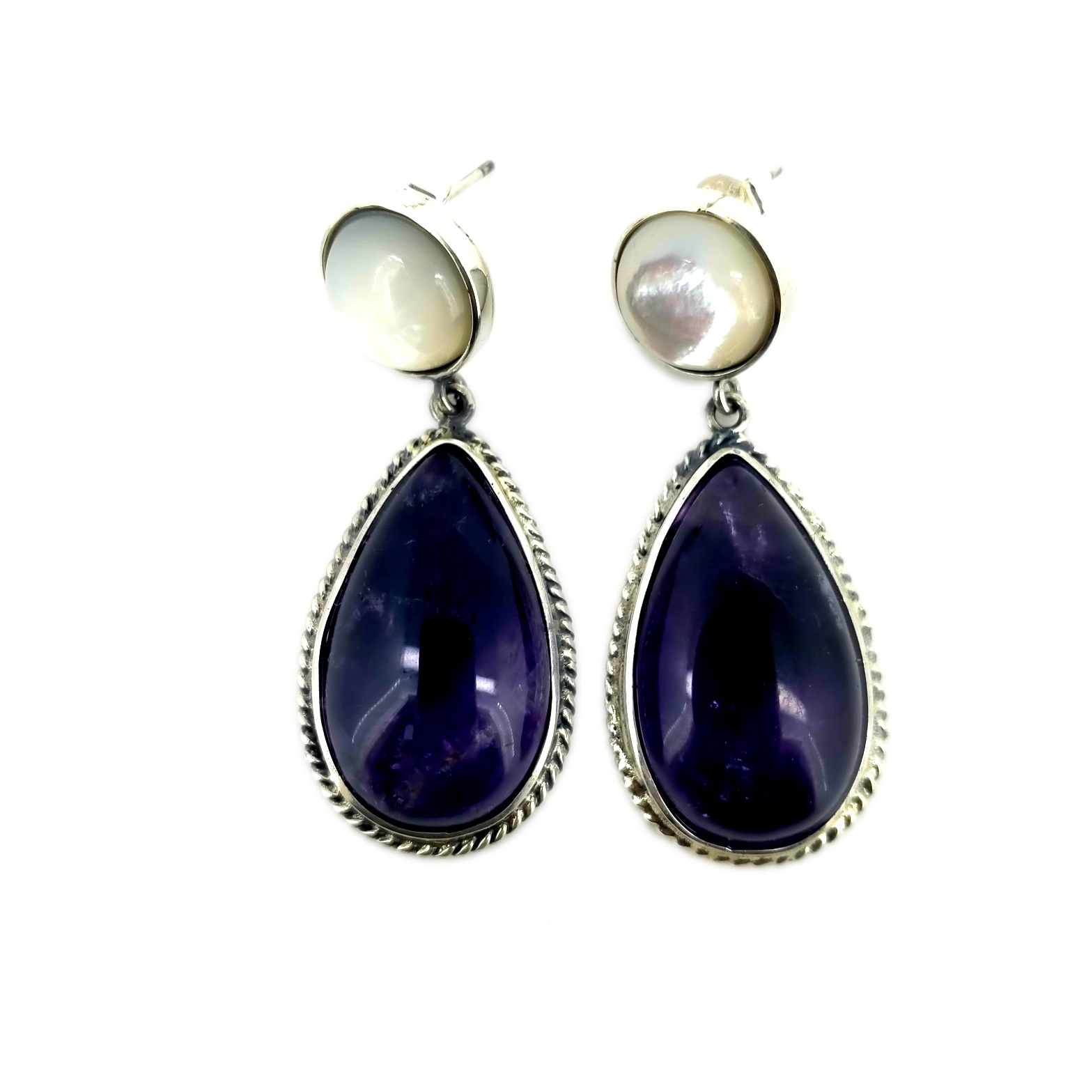 925 sterling nyiaj Amethyst Pob Ntseg Pob Ntseg Pair Teardrop Cabochon Cab Pair Matched Earrings 1