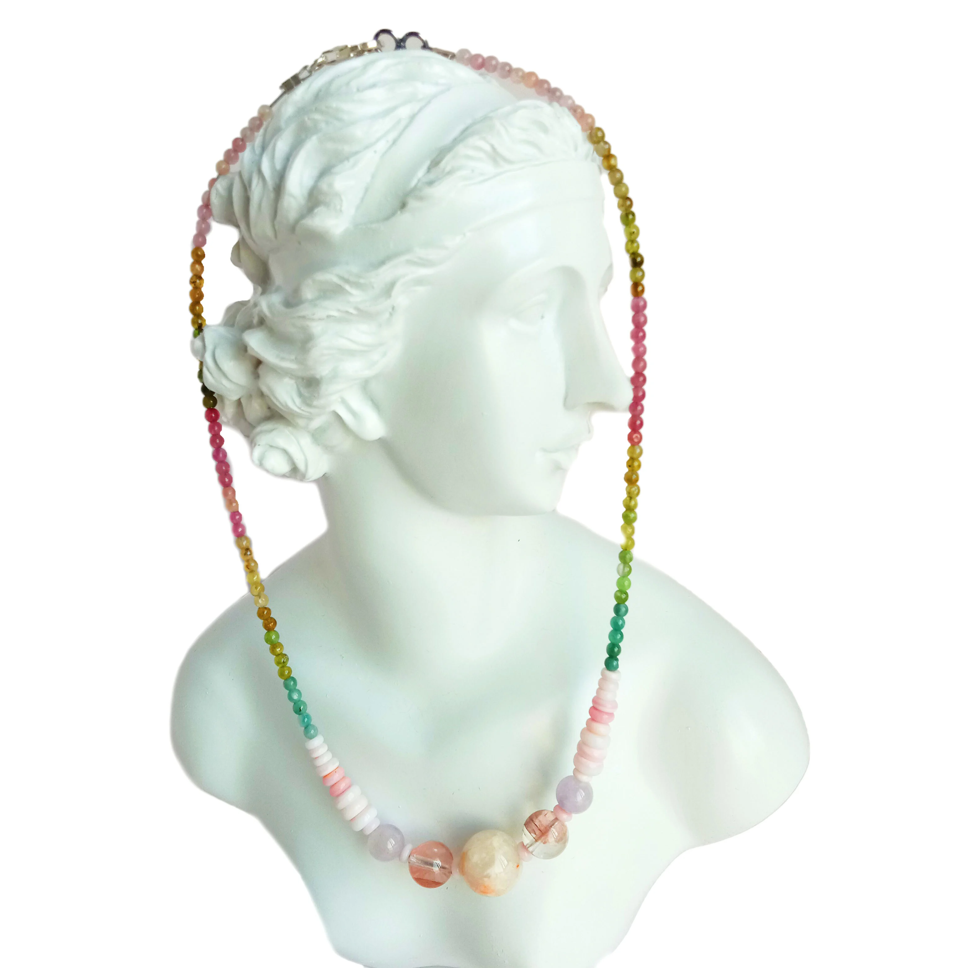 925 sterling nyiaj Calcite Tourmaline liab pom plhaub Gemstone Necklace 1