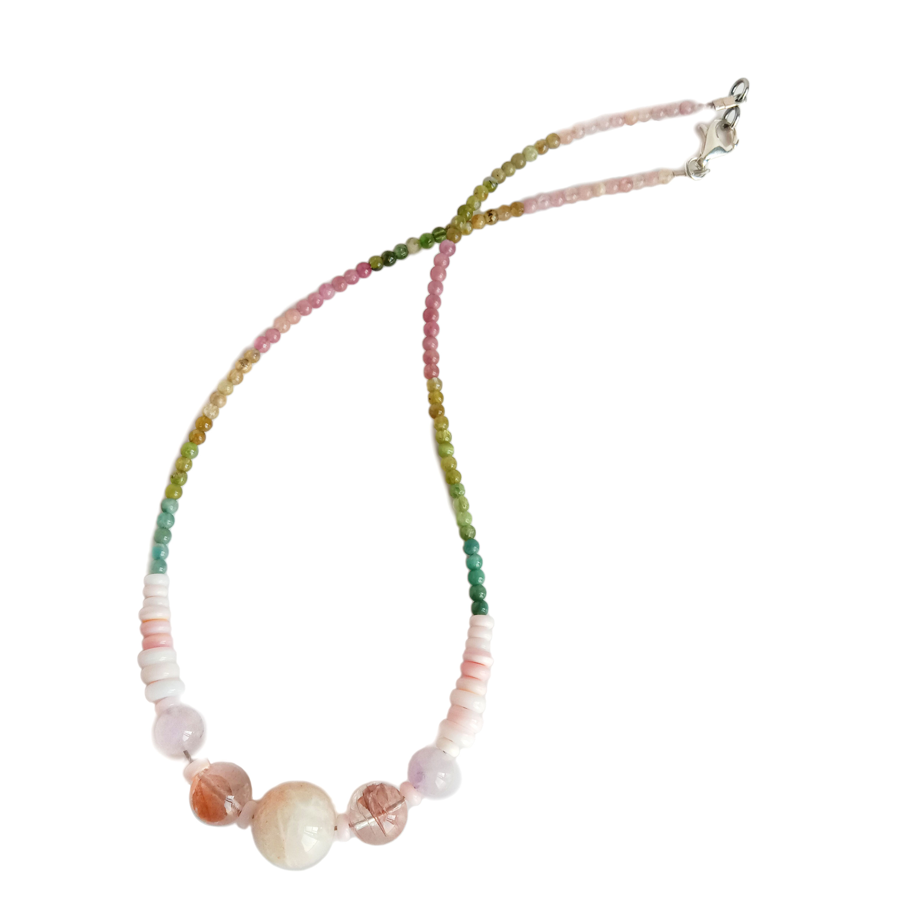 925 sterling nyiaj Calcite Tourmaline liab pom plhaub Gemstone Necklace 14