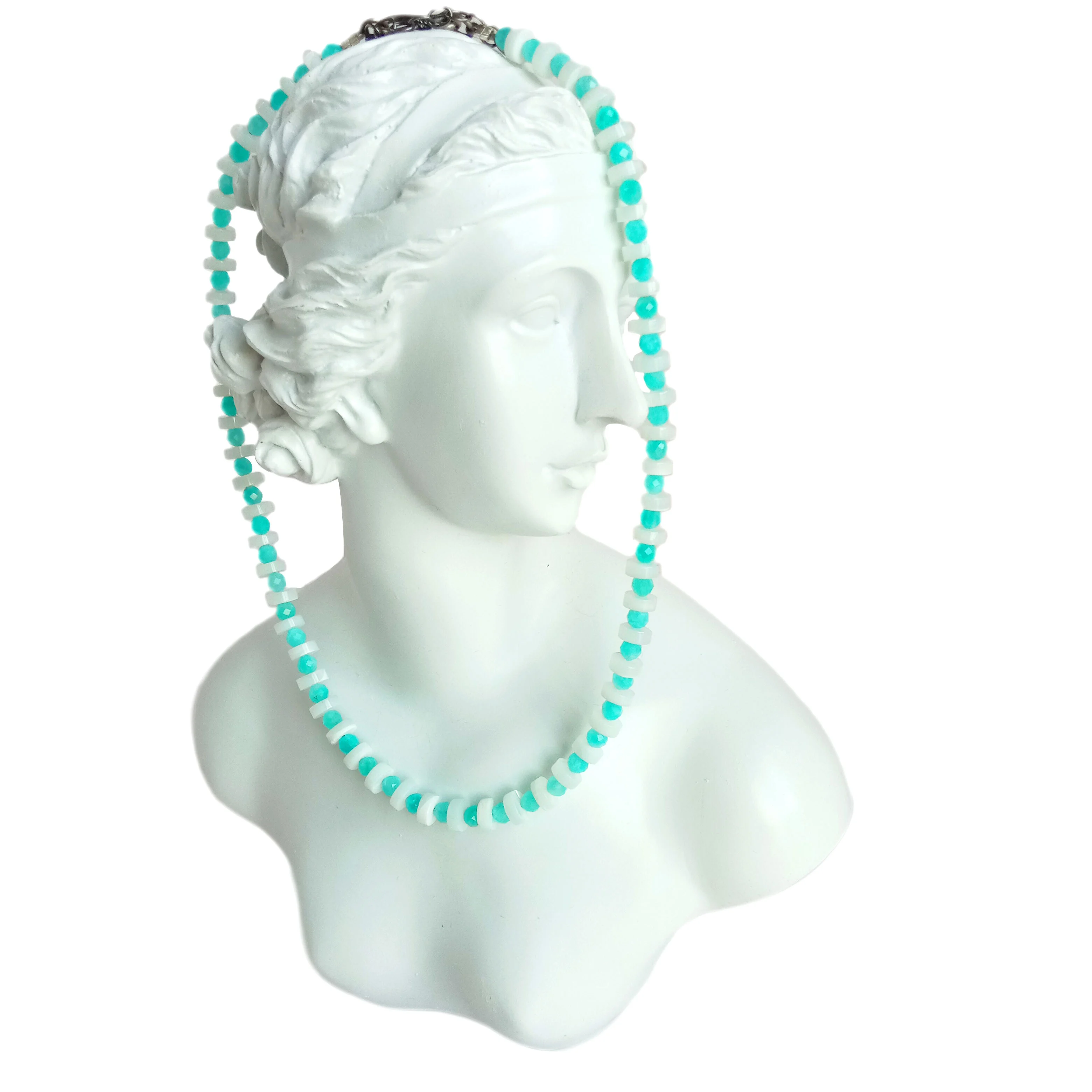 925 sterling nyiaj mop thiab Amazonite Gemstone Necklace 1