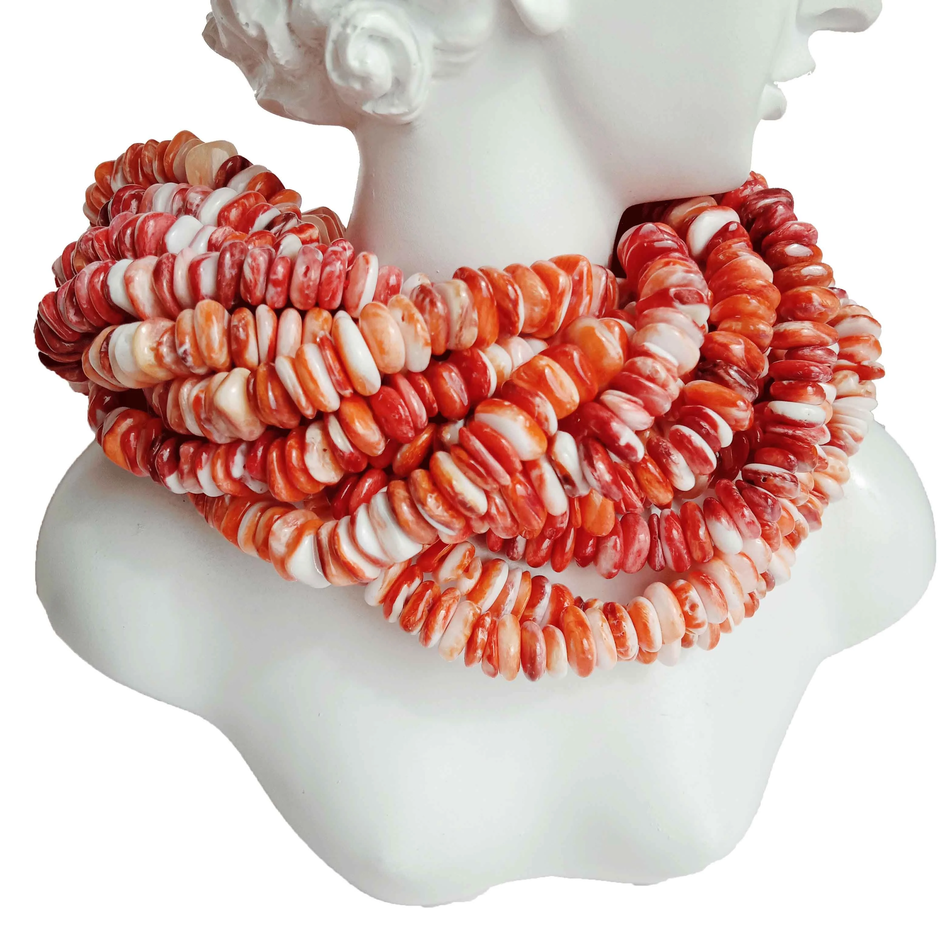 ដើមអយស្ទ័រធម្មជាតិ Heishi Beads Strand ពណ៌ទឹកក្រូច និងពណ៌ស Spiny Oyster Heishi Bead Strand 1