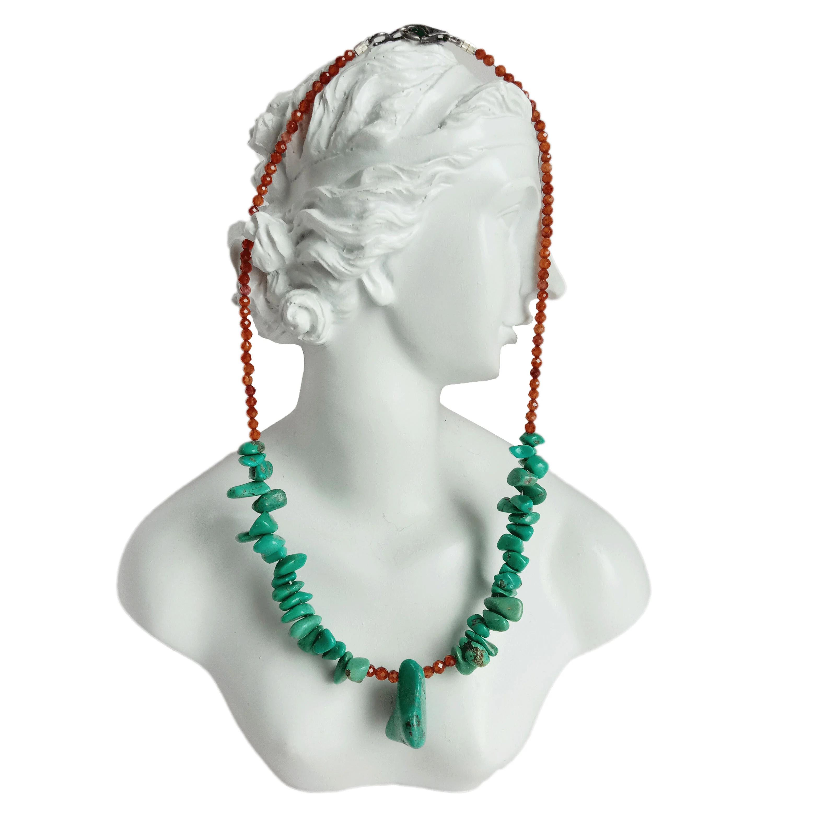 Ntuj Turquoise thiab Txiv kab ntxwv Mandarin Garnet 925 Sterling Silver Loj Ntuj Pob Zeb Turquoise Necklace 1