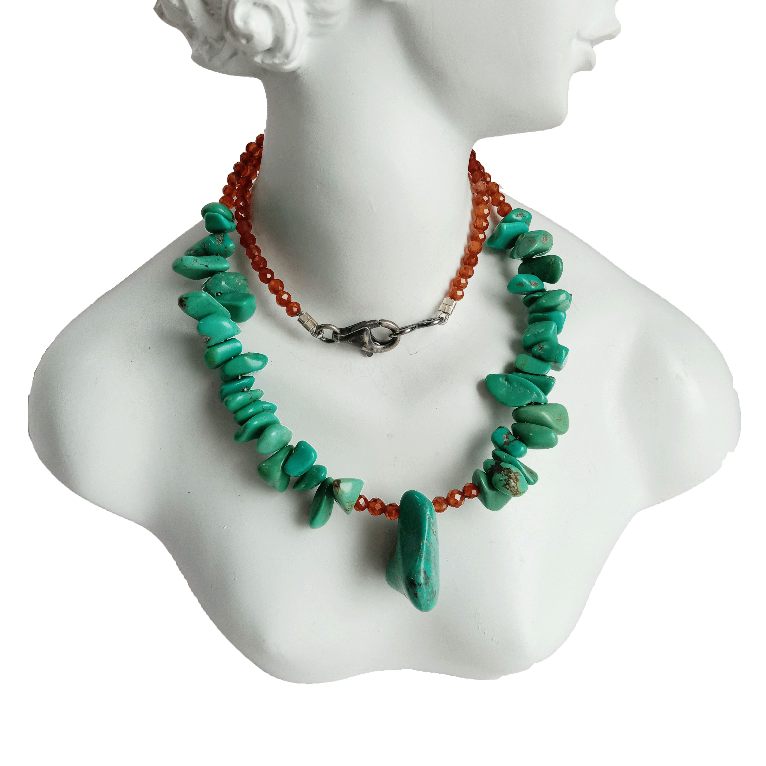 Ntuj Turquoise thiab Txiv kab ntxwv Mandarin Garnet 925 Sterling Silver Loj Ntuj Pob Zeb Turquoise Necklace 15