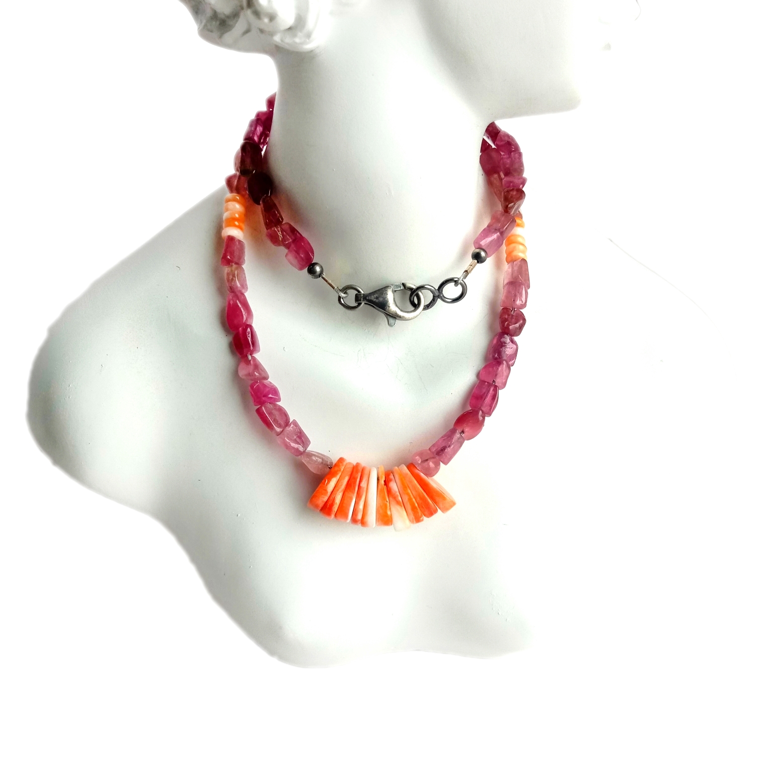 இயற்கை டூர்மலைன் மற்றும் ஸ்பைனி சிப்பி 925 ஸ்டெர்லிங் வெள்ளி ரத்தின நகை நெக்லஸ் 14