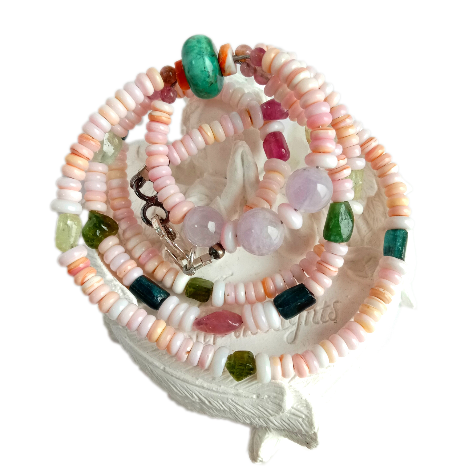 ස්වභාවික රෝස මුහුදු ෂෙල් Tourmaline ටර්කියුයිස් කටු බෙල්ලන් Spodumene මාලය 925 ස්ටර්ලින් රිදී මැණික් ආභරණ 14