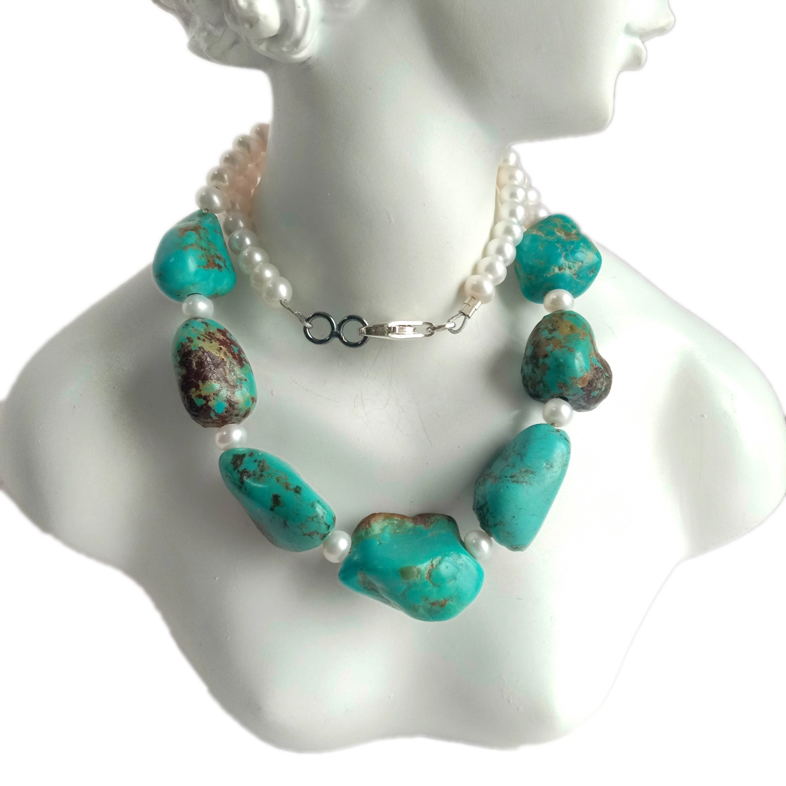 ខ្សែកពណ៌ខៀវ Turquoise និងគុជខ្យង 925 គ្រឿងអលង្ការត្បូងប្រាក់ Sterling ខ្សែកវែង Boho 1