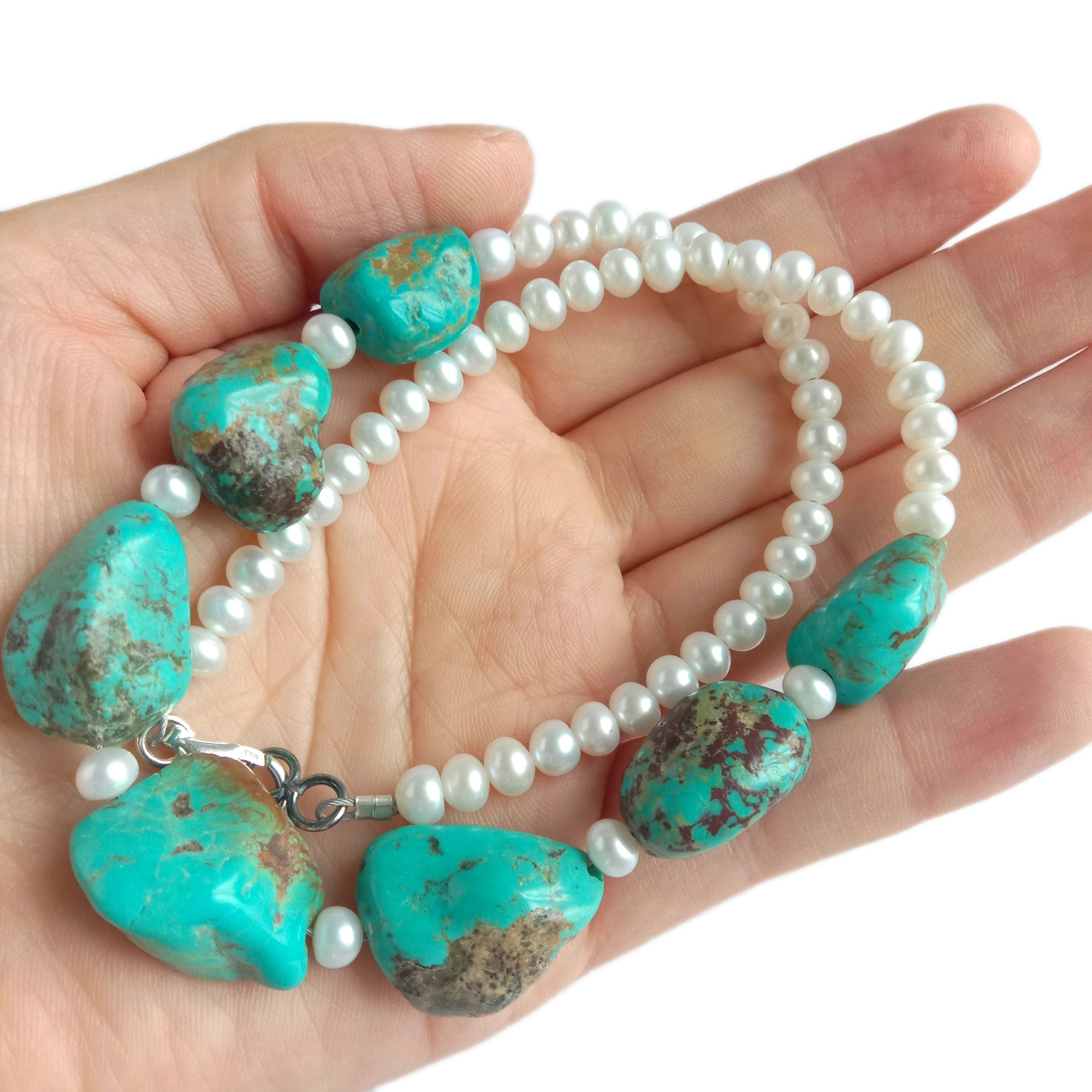 ನೀಲಿ ವೈಡೂರ್ಯ ಮತ್ತು ಮುತ್ತಿನ ಹಾರ 925 ಸ್ಟರ್ಲಿಂಗ್ ಸಿಲ್ವರ್ ರತ್ನದ ಆಭರಣಗಳು ಉದ್ದವಾದ ಬೋಹೊ ನೆಕ್ಲೇಸ್ 14