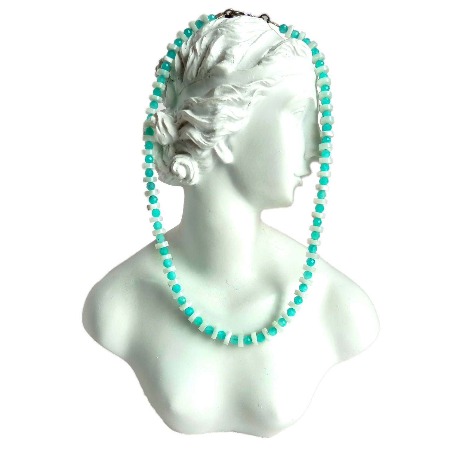 Ntuj Amazonite thiab mop 925 Sterling Silver necklace tiag gemstone hniav nyiaj hniav kub 1